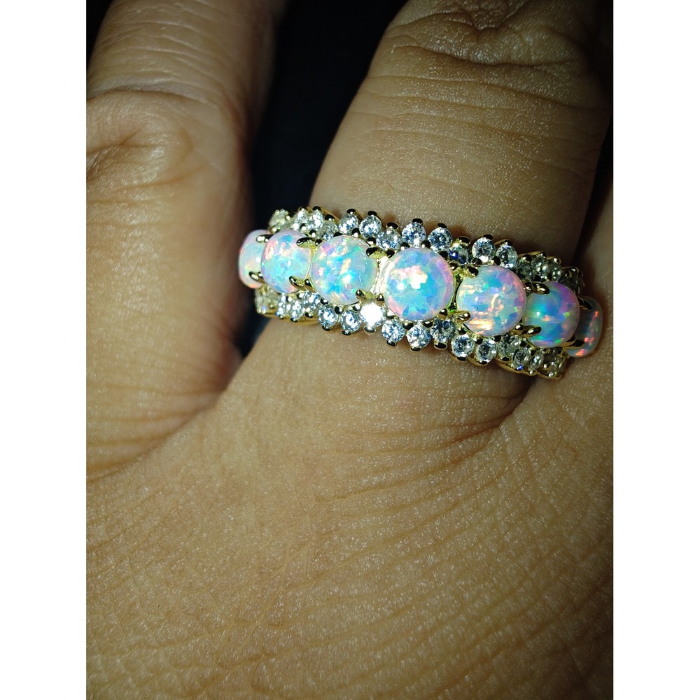 Ring 925 Sterling Silver White Opal Gold Tone Multi Stone Band Size 8 - Picture 6 of 6
